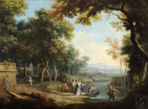 Vittorio Amedeo Cignaroli (Torino 1730 - 1800) - Paesaggio arcadico con dame all’imbarcadero VENDUTO